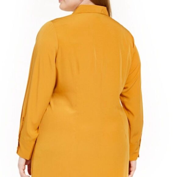 Alfani Plus Button Front Wrap Tie Long Sleeve Midi Shirt Dress- Mustard - Picture 12 of 13